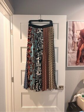 berek Multi-Panel Pleated Midi Skirt in Black, Brown, Blue, Cream and Rust